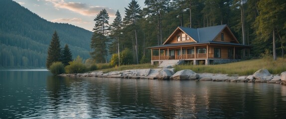 Fototapete - Serene Lakefront Cabin Surrounded by Lush Forest Perfect for Tranquil Getaways and Inspirational Text Placement