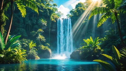 Fototapete - Serene Tropical Paradise with Majestic Waterfall Cascading into Crystal Clear Lake Surrounded by Lush Green Foliage and Sunlit Skies
