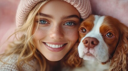 Poster - Happy woman, dog, cozy winter, pink background, pet love