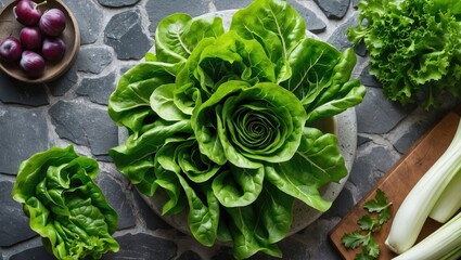 Wall Mural - Vibrant Fresh Lettuce with Various Greens on Stone Table Fresh Produce for Healthy Eating and Cooking Concepts