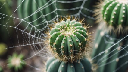 Leinwandbilder - Closeup of Green Cactus with Spines and Spider Webs Glimmering in Natural Light Capturing Intricate Nature Details