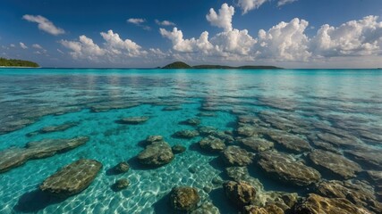 Leinwandbilder - Serene Turquoise Seascape with Clear Waters and Rocky Bottom Under a Bright Blue Sky with Fluffy Clouds.