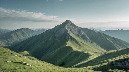 Poster - Majestic Mountain Landscape with Lush Green Hills and Clear Blue Sky Ideal for Travel and Nature Themes