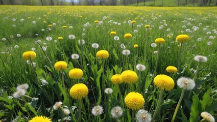Aufkleber - Vibrant spring meadow featuring blooming yellow dandelions and fluffy seed heads under a bright sunny sky in a serene park landscape.