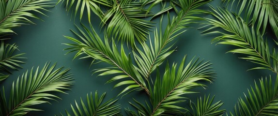 Poster - Tropical Green Palm Leaves Pattern on Dark Background Ideal for Nature Themes and Text Placement