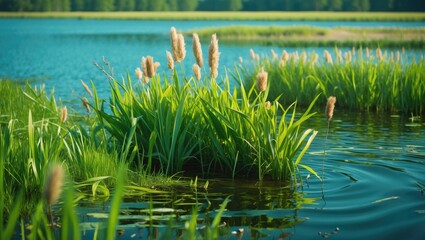 Aufkleber - Lush Green Grass and Reeds by Tranquil Lake Water Under Clear Blue Sky in Natural Landscape Setting