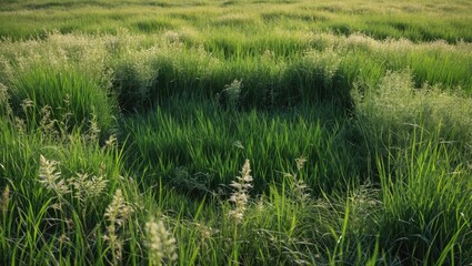 Poster - Lush Green Grass Meadow with Open Space for Text Overlay and Natural Background Ideal for Advertisements or Inspirational Quotes