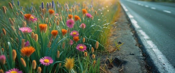 Poster - Colorful Wildflowers Alongside a Scenic Road with Soft Light and Space for Text