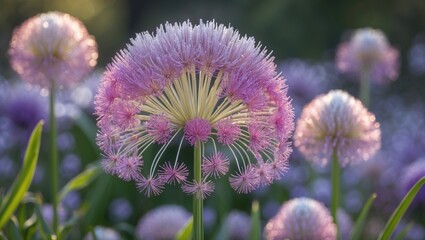 Poster - Vibrant Allium Flowers with Sparkling Pink Blooms in a Lush Garden Landscape During Soft Sunset Light