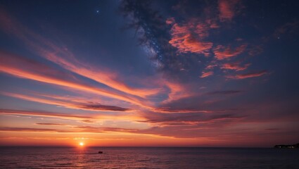 Aufkleber - Stunning Summer Sunset Over Serene Ocean Scene with Vibrant Clouds and Starry Sky