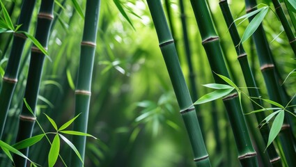 Poster - Lush green bamboo forest with slender stalks and vibrant leaves creating a serene natural background for relaxation and tranquility.