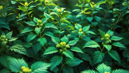 Leinwandbilder - Lush green texture of nettle leaves and buds in a natural setting showcasing vibrant foliage and plant life.