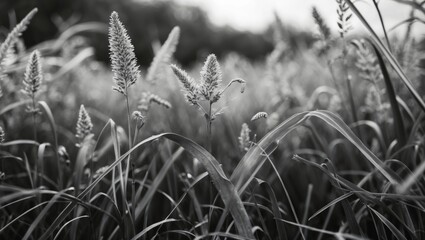Aufkleber - Black and white grass field with delicate flowers creating a serene natural landscape perfect for backgrounds and design projects.