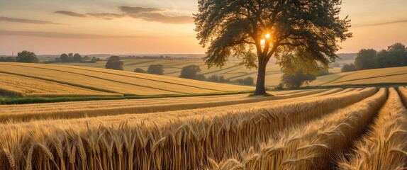 Poster - Golden Wheat Field at Sunset with Majestic Tree in Rural Countryside Landscape and Clear Space for Text or Branding Elements