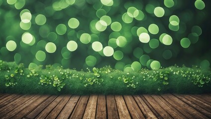 Fototapete - Lush Green Bokeh Background with Wooden Floor Ideal for Nature-Themed Designs and Seasonal Greetings