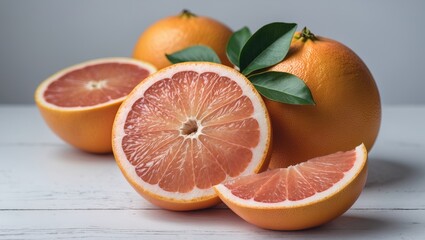 Leinwandbilder - Freshly Sliced Grapefruit with Whole Fruits and Green Leaves on Light Background