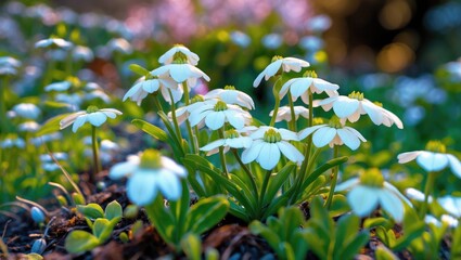 Leinwandbilder - Delicate White Greater Stitchwort Flowers Blooming in Spring Garden Close-Up with Lush Greenery and Soft Natural Light Background