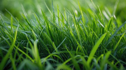 Leinwandbilder - Lush green grass background with vibrant blades reflecting natural sunlight ideal for nature-themed projects and designs.