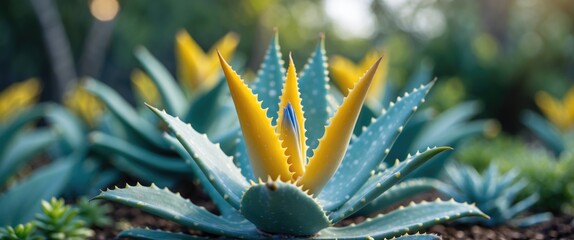 Wall Mural - Vibrant Yellow Aloe Vera Flower in Closeup Amidst Lush Garden Background with Soft Focus and Ample Copy Space for Textual Elements