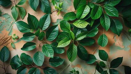 Poster - Lush green leaves against a textured earthy background showcasing nature's elegance and serenity in a vibrant composition.