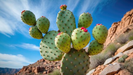 Leinwandbilder - Green Prickly Pear Cactus Fruit Against Rocky Hillside and Clear Blue Sky in Desert Landscape High Quality Nature Photography
