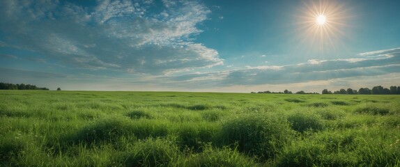 Aufkleber - Lush Green Meadow Beneath a Radiant Solar Sky with Clear Space for Text or Branding Elements