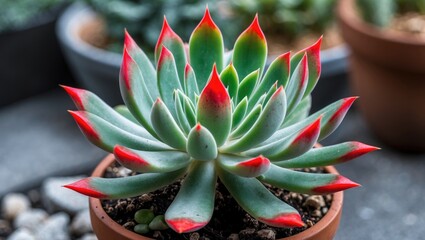 Fototapete - Vibrant Green Succulent with Red-Tipped Leaves in Decorative Pot Against a Natural Background