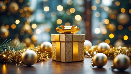 Poster - Elegant golden gift box adorned with a bow surrounded by Christmas ornaments and festive tinsel against a blurry holiday background.
