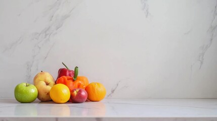 Poster - Fresh fruits and vegetables arranged on a marble countertop in a bright kitchen setting. Generative AI