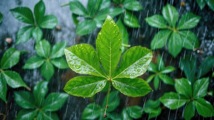Poster - Raindrops Glistening on a Vibrant Green Leaf Amidst a Lush Background on a Rainy Day