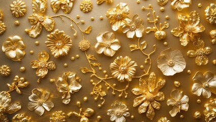 Aufkleber - Elegant golden floral texture background with intricate designs and three-dimensional details for luxurious design projects.