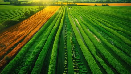 Poster - Aerial View of Vibrant Green Fields with Rolling Patterns and Contrasting Colors in Rural Landscape
