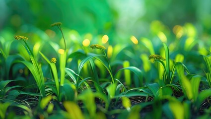 Fototapete - Vibrant Green Abstract Background with Blooming Grass and Soft Focus Elements in Nature Landscape