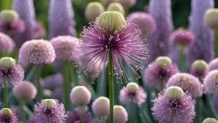 Wall Mural - stunning close-up of vibrant allium flowers bursting with purple hues, resembling giant sparklers in