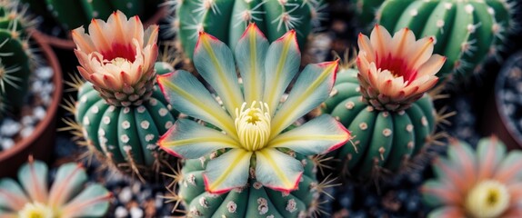 Sticker - Vibrant cactus flowers showcasing a unique blend of colors with spiky green succulents in a decorative setting.