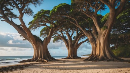 Leinwandbilder - Majestic Ceibo Trees Along Serene Coastal Landscape with Gentle Waves and Blue Sky