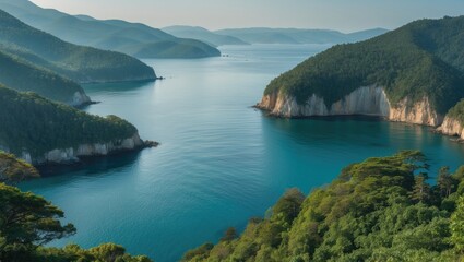 Poster - Stunning Forest View Overlooking Serene Blue Bays and Cliffs with Copy Space for Text and Marketing Needs in a Peaceful Natural Setting