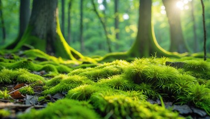 Wall Mural - Lush Green Moss Covering Ground in Forest with Sunlight Filtering Through Trees