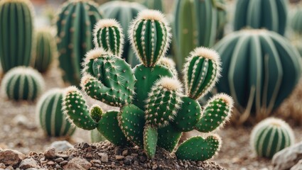 Leinwandbilder - Green Cactus Cluster in Natural Setting with Abstract Background Nature Scene and Space for Text or Creative Design Elements