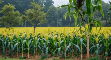 Aufkleber - Vibrant Cornfield with Lush Green Stalks and Trees Under a Cloudy Sky Ideal for Agricultural Themes and Text Overlay