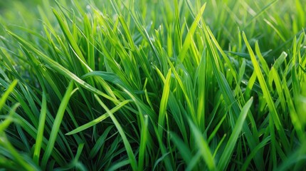 Poster - Lush vibrant green grass texture with sunlight highlighting dew drops for a fresh natural landscape background.