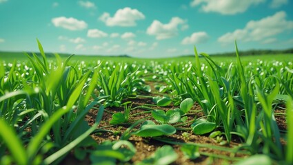 Aufkleber - Lush green grass and vibrant plants thriving in a fertile field under a bright blue sky with fluffy clouds.