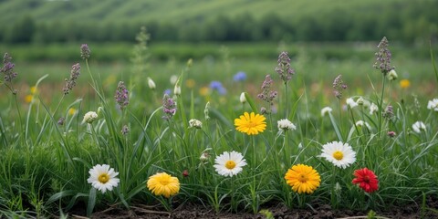 Poster - Colorful Wildflowers in a Lush Green Field with Space for Text Overlay in a Serene Rural Setting