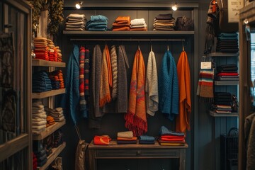 handmade wool scarves on display in a boutique shop