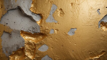 Fototapete - Textured gold concrete wall with peeling layers showcasing a mix of metallic sheen and raw concrete for stylish background use.