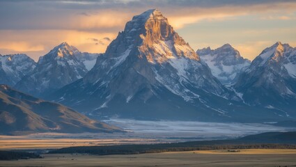 Aufkleber - Majestic Grand Teton Mountains Towering Over Serene Flat Valley Landscape at Sunset