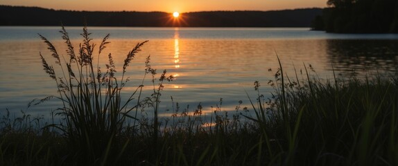 Aufkleber - Serene Sunset Over Lake With Grass Silhouette Natural Background Featuring Tranquil Waters And Space For Text In Ad Graphics