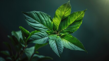 Fototapete - Lush Green Leaves with Dramatic Lighting Against a Dark Background Nature Close-Up Image