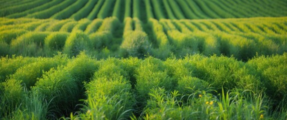Aufkleber - Lush Green Field with Neatly Arranged Rows of Vegetation Under Clear Blue Sky Natural Landscape Background