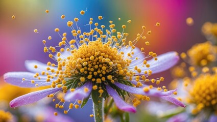 Leinwandbilder - Golden flower pollen on vibrant colorful background with blurred effect highlighting intricate details and natural beauty of nature.